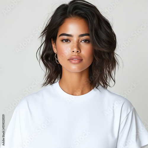 A woman wearing a white t-shirt and gold hoop earrings