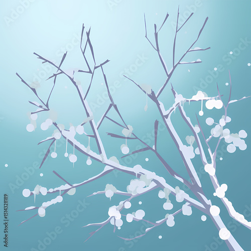 Winter's Gentle Embrace: A serene depiction of winter with snow-covered branches, embodying a tranquil atmosphere of cold season.