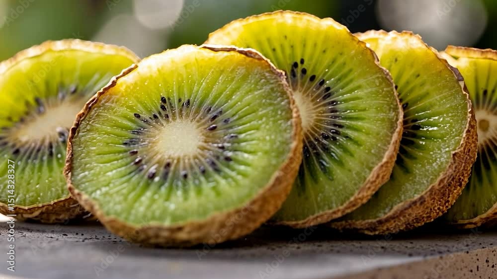 Close-up of vibrant green kiwi fruit slices on a rustic wooden surface, bathed in soft sunlight.  The image emphasizes the juicy texture and bright colors of the fruit