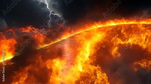 Spectacular Fire planet surface with intense flames and lightning storm background animation