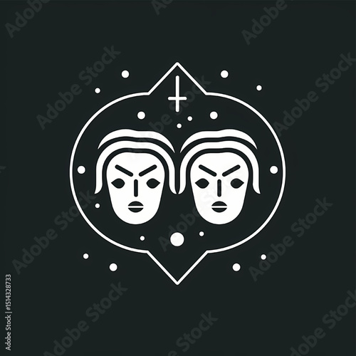 Gemini Zodiac Sign Illustration: A minimalist graphic showcasing the Gemini zodiac symbol, depicting two faces in a symmetrical, connected design, framed within an elegant, circular border.