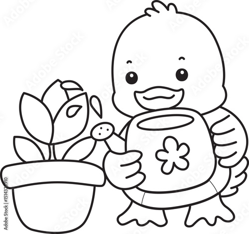 Coloring book of Cute Duck icon. Outline of  Funny baby Duck animal series stock illustration. life of fluffy Duck designs.