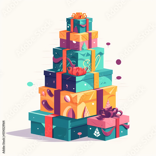 Colorful Gift Stack: A whimsical stack of vibrant gift, tied with delicate ribbon, create a festive atmosphere, brimming with anticipation and holiday cheer.