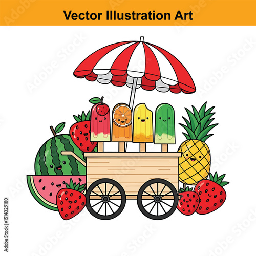Cartoon Ice Cream Cart with Summer Fruits Vector Illustration for Kids and Adults