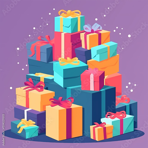 Presents Stacked High: A vibrantly colored stack of gift boxes, each adorned with ribbons, is a festive reminder of celebration, joy and giving. A perfect scene for occasions.