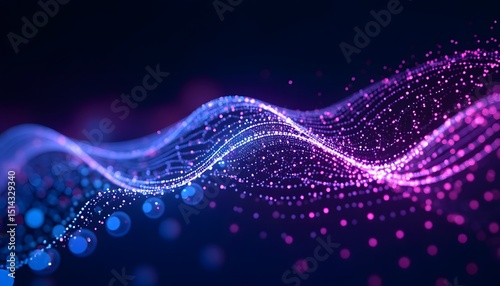 An abstract digital wave visualization creates a striking image of the future. With fluid lines and points of light, the image captures the essence of data streams and technological advancement.