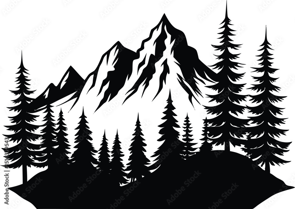 Obraz premium Mountain Forest Vector, Mountain Silhouette Icon Clipart