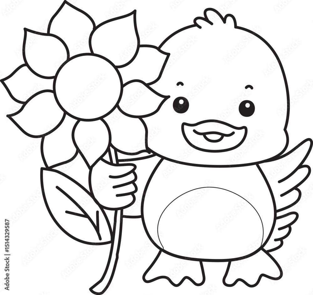 Obraz premium Coloring book of Cute Duck icon. Outline of Funny baby Duck animal series stock illustration. life of fluffy Duck designs.