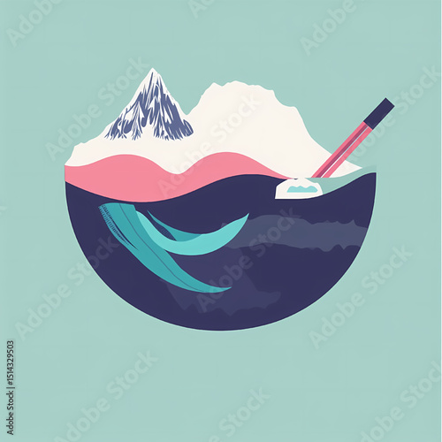 Whimsical Ramen Bowl: A surreal, artistic illustration of a ramen bowl transformed into a dreamy landscape, complete with a snow-capped mountain, ocean waves and chopsticks.