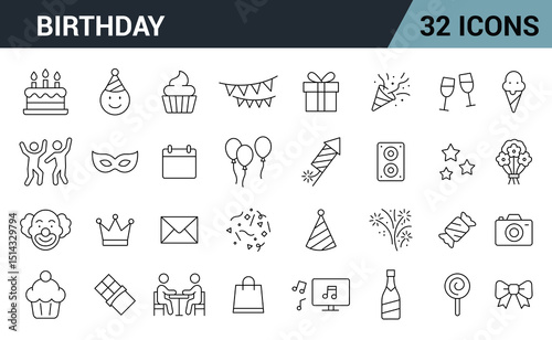 Birthday and Party Line Editable Icons Set. Includes Birthday Cake, Party Hat, Balloons, Gift Box, Fireworks, Music, Celebration, Decorations, and More. Vector illustration.