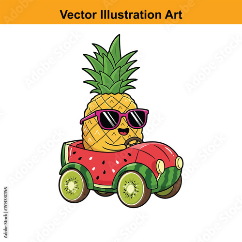 Cartoon Pineapple Character Driving a Watermelon Car with Kiwi Wheels Illustration