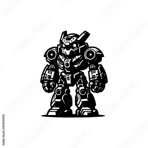 Mech Robot Vector Illustration in Black and White Style Powerful Futuristic Battle Machine with Armor and Mechanical Details