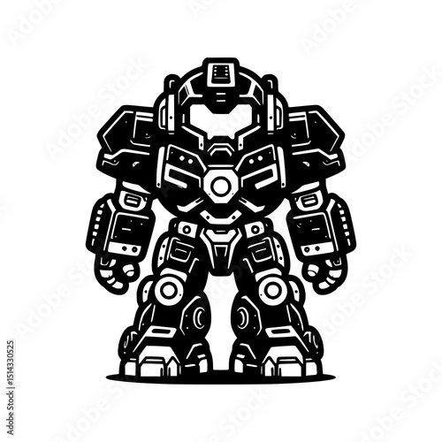 Mech Robot Vector Illustration in Black and White Style Powerful Futuristic Battle Machine with Armor and Mechanical Details