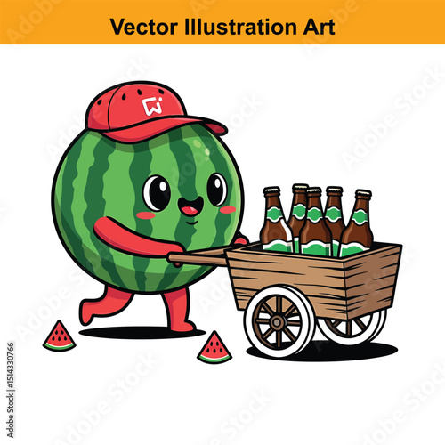 Cartoon Watermelon Character Pulling Cart Full of Beer Bottles Summer Celebration