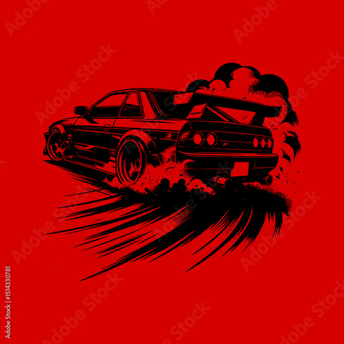 Rear View Drift Car Vector Illustration in Black on Red Background with Tire Smoke and Speed Motion for Street Racing Theme
