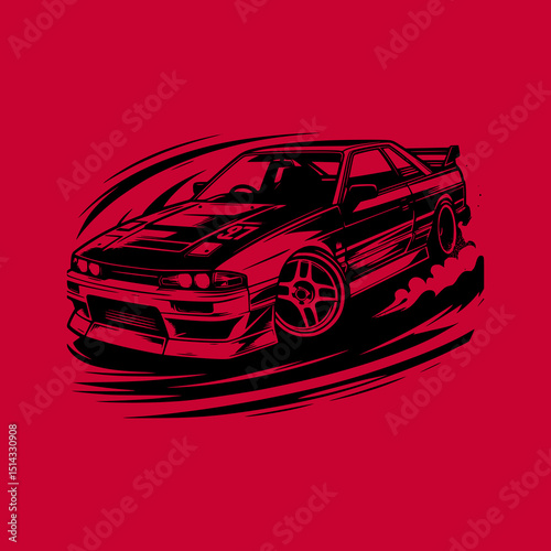 Drifting Sports Car Vector Illustration in Black on Red Background with Smoke Speed and Motion Lines in Dynamic Racing Style