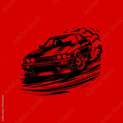 Drifting Sports Car Vector Illustration in Black on Red Background with Smoke Speed and Motion Lines in Dynamic Racing Style