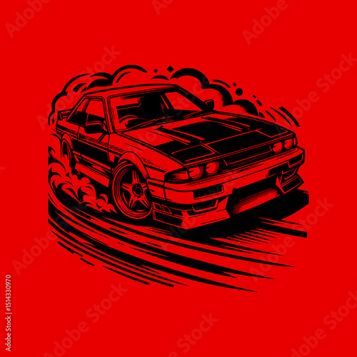 Drifting Sports Car Vector Illustration in Black on Red Background with Smoke Speed and Motion Lines in Dynamic Racing Style