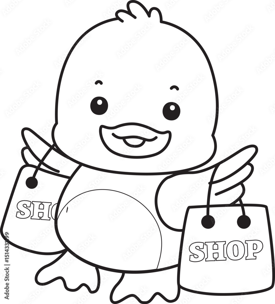 Obraz premium Coloring book of Cute Duck icon. Outline of Funny baby Duck animal series stock illustration. life of fluffy Duck designs.