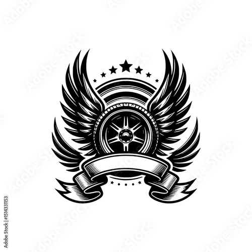 Winged Tire Emblem Vector Illustration with Banner and Stars in Black and White Style Perfect for Racing or Motorcycle Club Logo