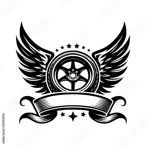 Winged Tire Emblem Vector Illustration with Banner and Stars in Black and White Style Perfect for Racing or Motorcycle Club Logo