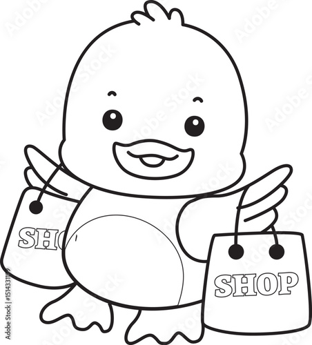 Coloring book of Cute Duck icon. Outline of  Funny baby Duck animal series stock illustration. life of fluffy Duck designs.