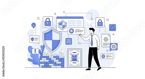 Businessman analyzing cybersecurity system with multiple digital security shields and lock icons