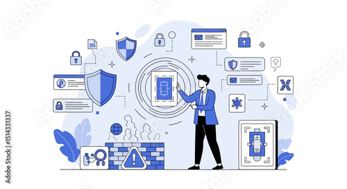 Illustration showing cybersecurity and data protection concepts with digital shield and locks