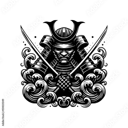 Samurai Warrior with Katana and Ocean Waves Vector Illustration in Black and White Traditional Japanese Tattoo Style