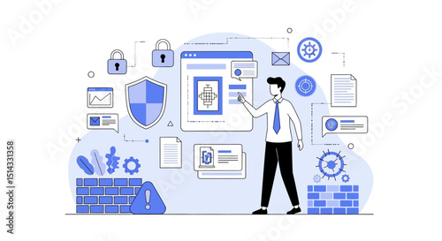 Businessman managing cybersecurity firewall protection and data safety system online