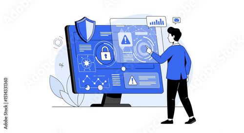 Illustration of person interacting with cyber security data protection interface on computer screen