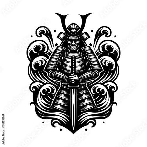 Samurai Warrior with Katana and Ocean Waves Vector Illustration in Black and White Traditional Japanese Tattoo Style