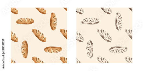 Hand drawn vintage seamless pattern of crusty loaf bread with diagonal cuts in brown ink engraving style