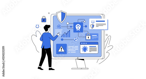 Person interacting with a digital cybersecurity interface displaying protection and data analytics icons