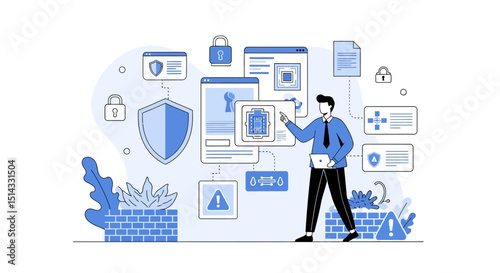 Illustration of a businessman interacting with digital cybersecurity and data protection elements on screen