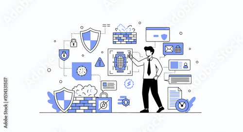 Conceptual illustration of cybersecurity and data protection in digital networks with professional managing security systems