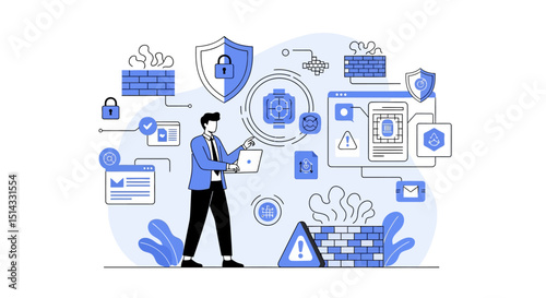 Businessman managing cybersecurity with firewall and data protection technology elements surrounding him in a digital environment