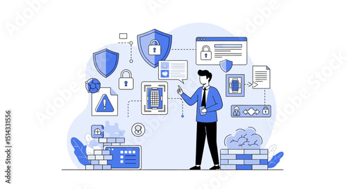 Illustration of cybersecurity concept showing a person managing digital security shields and data protection elements in a connected network environment