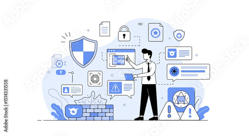 Illustration of cybersecurity protection concepts with digital shield firewall and data security icons around a person using technology