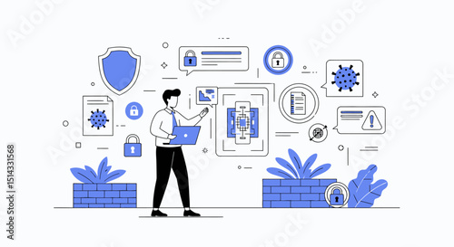 Man managing cybersecurity and data protection with digital security icons and technology elements