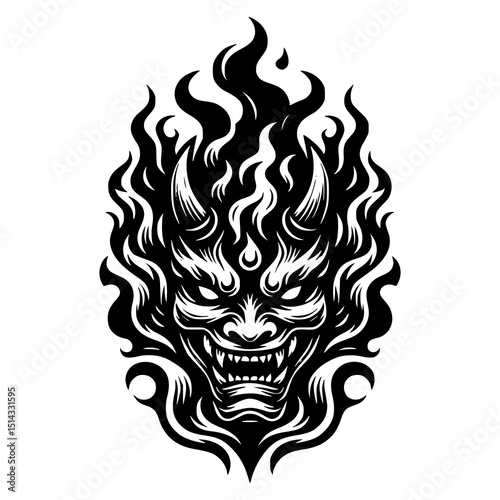 Flaming Demon Mask Vector Illustration in Black and White Style with Fierce Expression Fire Elements and Tribal Tattoo Design