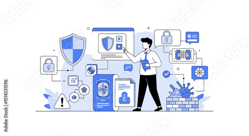 Illustration of cybersecurity expert protecting digital data from virus threats and malware attacks