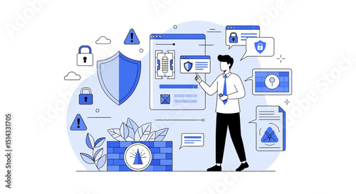 Illustration of cybersecurity protection with firewall shields and secure digital data management