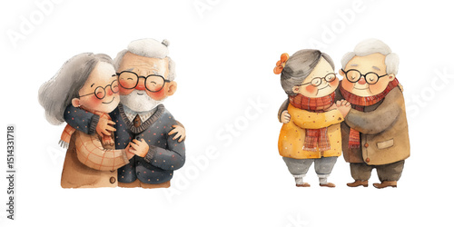 grandma and grandpa hugging watercolor vector illustration