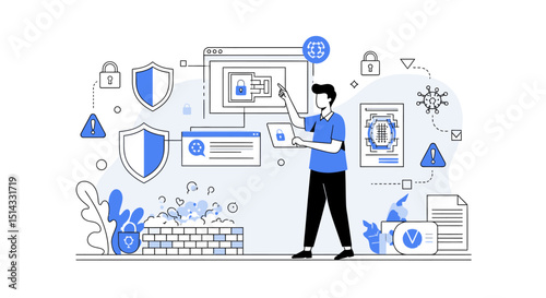 Illustration of a person managing cybersecurity and digital data protection concepts on multiple screens