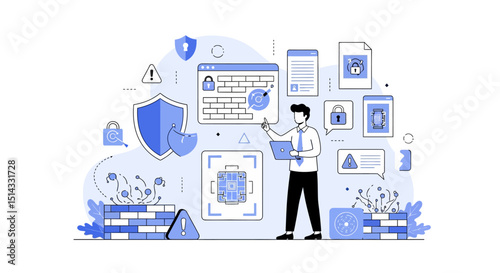 Illustration of cybersecurity concept featuring firewall protection and data security measures with a person managing laptop and security icons