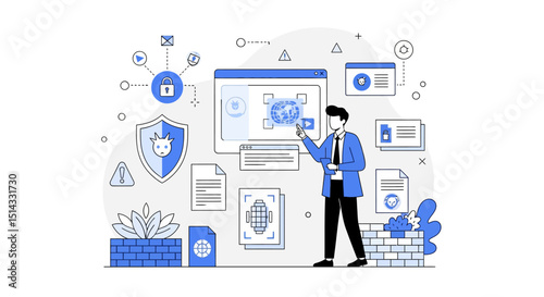 Illustration of cybersecurity expert managing digital protection and online threats with technology