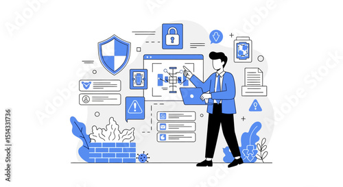 Businessman analyzing cybersecurity protection and data security system for online safety and network defense