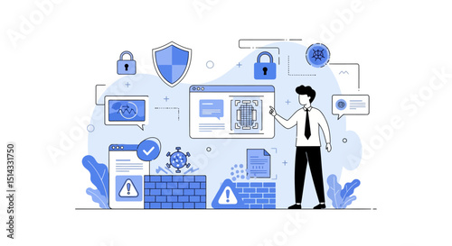 Illustration of cybersecurity concepts showing a person interacting with digital security elements and virus protection measures