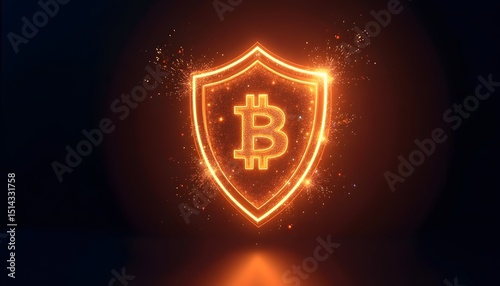 The illuminated Bitcoin shield radiates an aura of security and digital protection, highlighting the core concepts of cryptocurrency and the blockchain technology. 